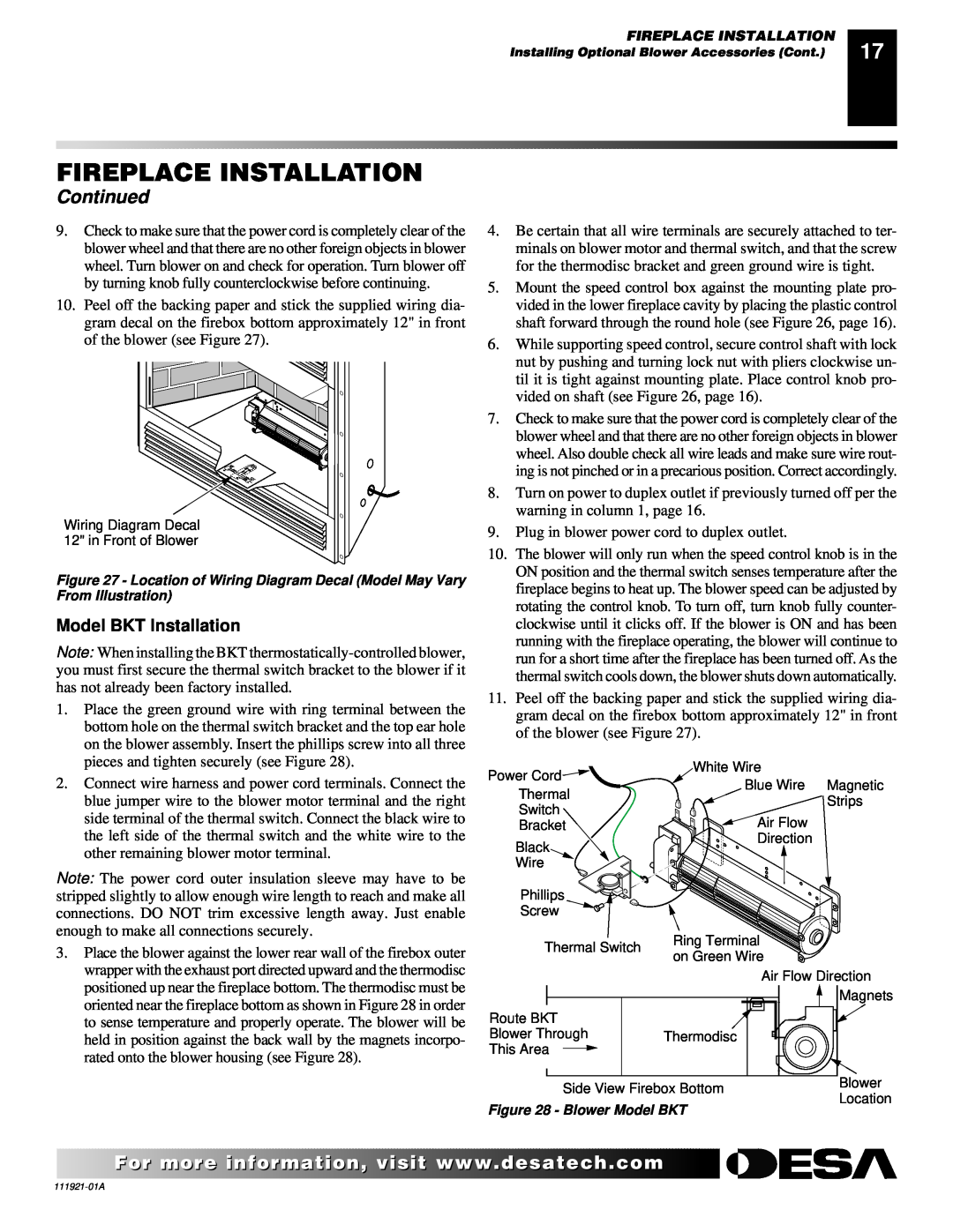 Desa (V)K42N installation manual Fireplace Installation, Continued, Model BKT Installation 