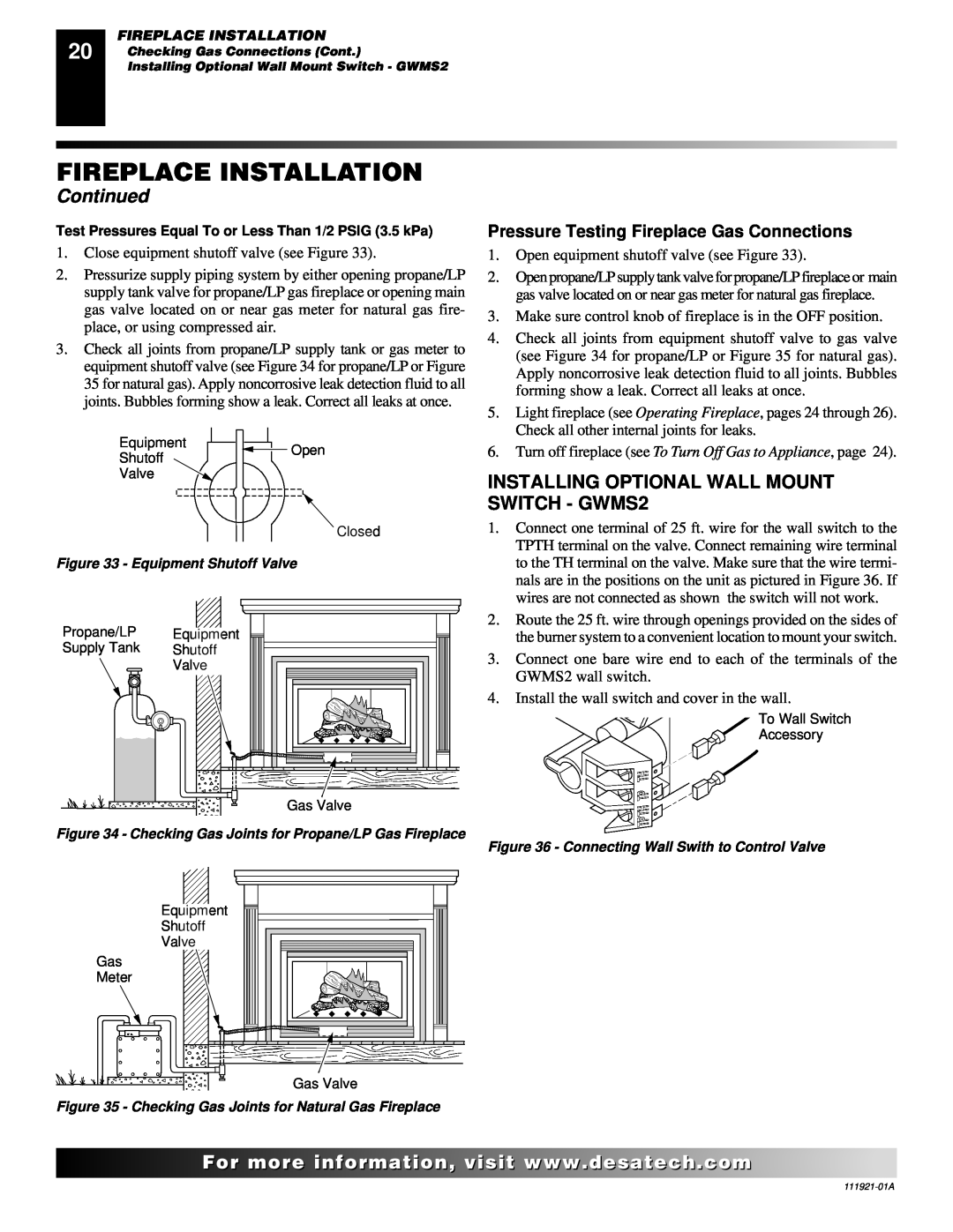 Desa (V)K42N installation manual INSTALLING OPTIONAL WALL MOUNT SWITCH - GWMS2, Fireplace Installation, Continued 