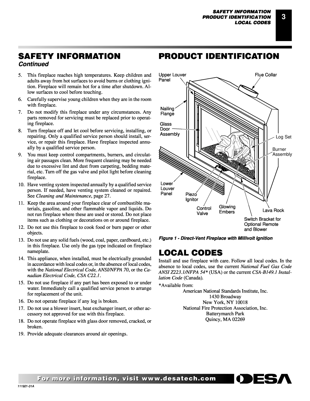 Desa (V)K42N installation manual Product Identification, Local Codes, Continued, Safety Information 