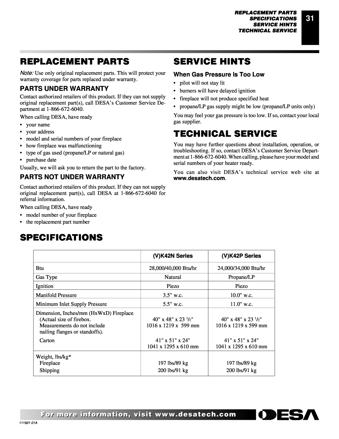 Desa (V)K42N installation manual Replacement Parts, Service Hints, Technical Service, Specifications, Parts Under Warranty 