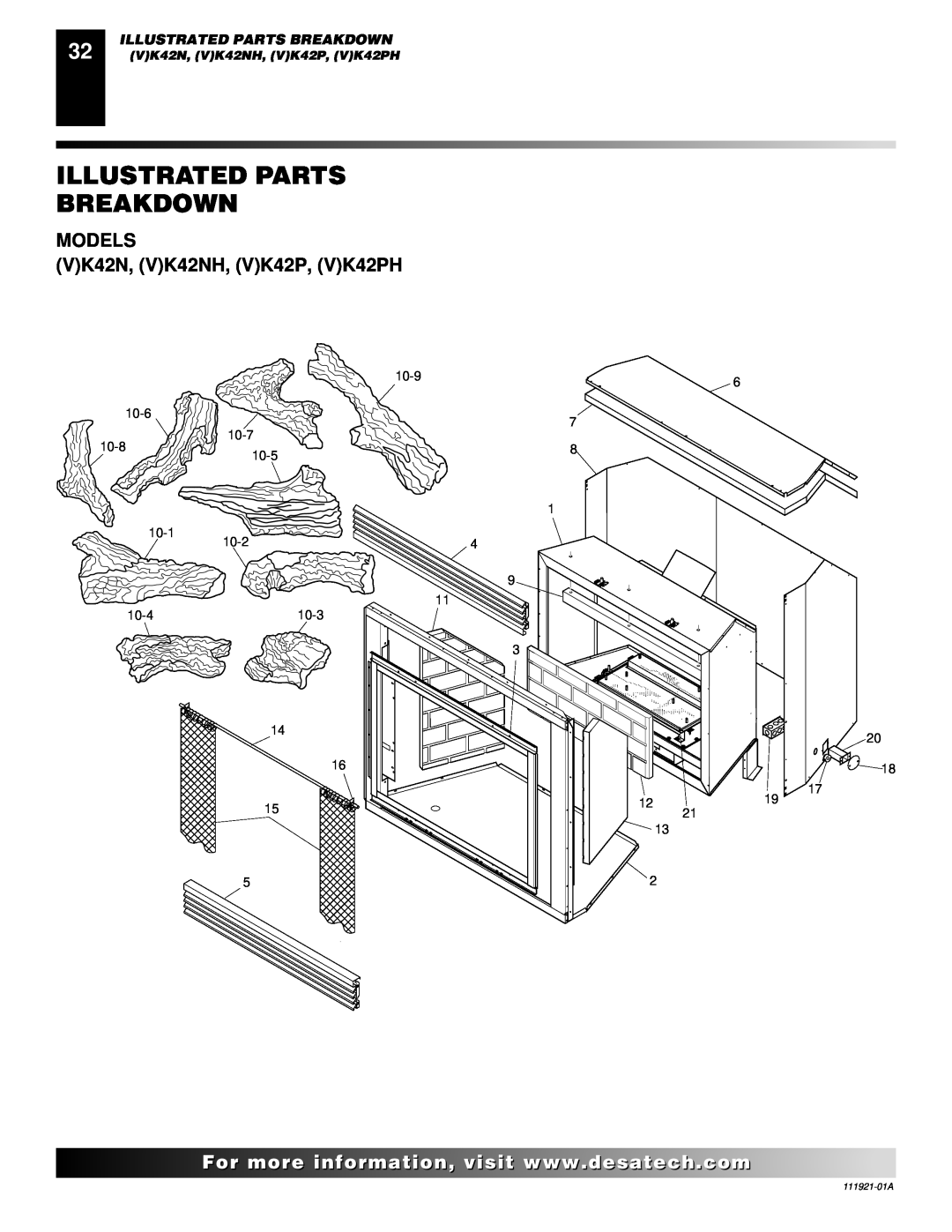 Desa (V)K42N installation manual Illustrated Parts Breakdown, MODELS VK42N, VK42NH, VK42P, VK42PH 