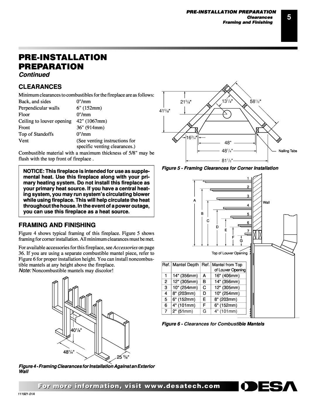 Desa (V)K42N installation manual Clearances, Framing And Finishing, Pre-Installation Preparation, Continued 