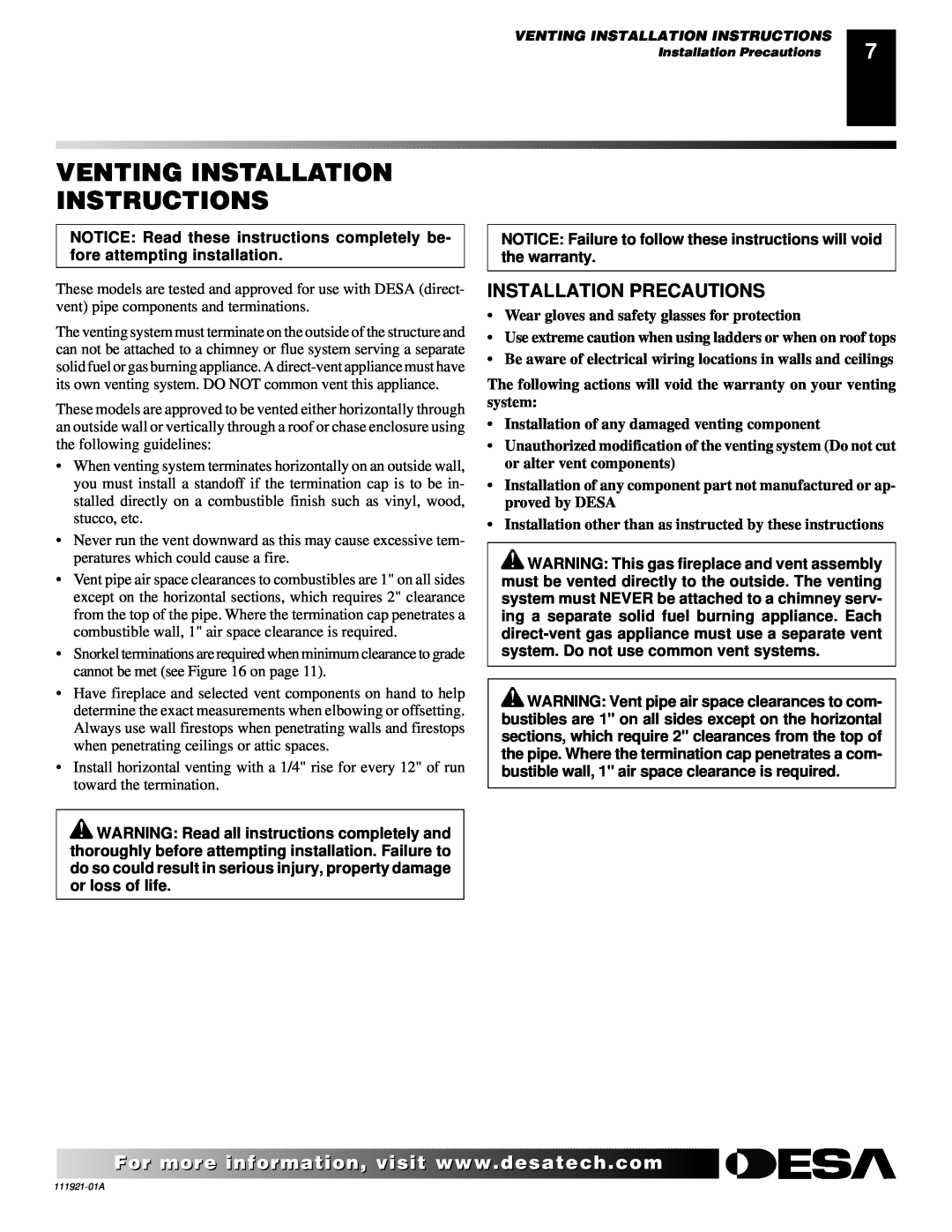 Desa (V)K42N installation manual Venting Installation Instructions, Installation Precautions 