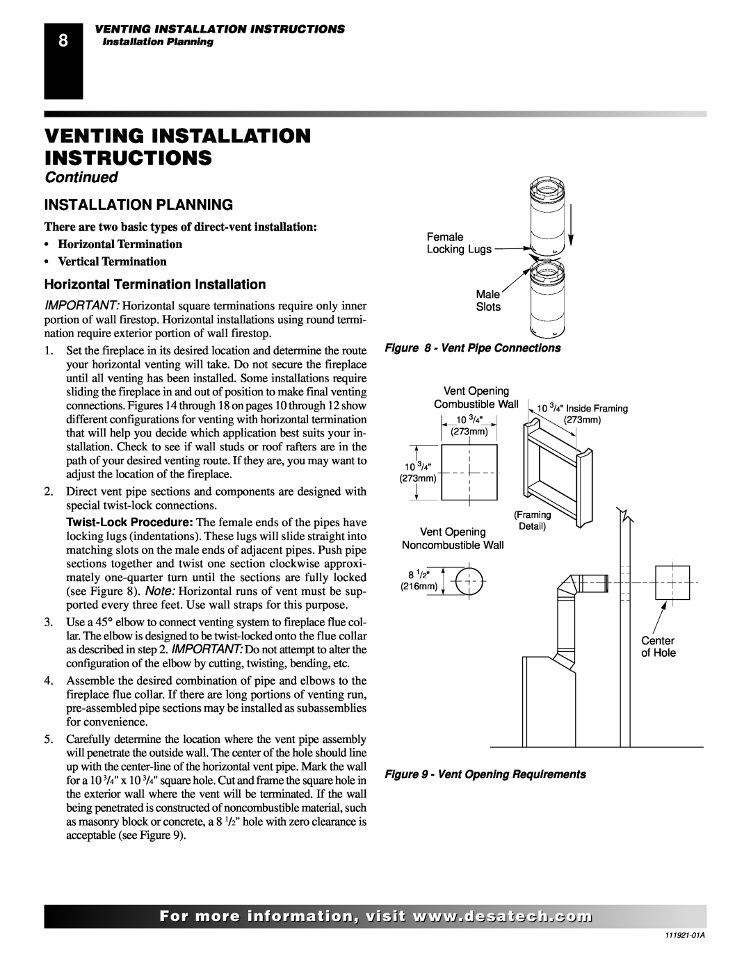 Desa (V)K42N Installation Planning, Venting Installation Instructions, Continued, Horizontal Termination Installation 