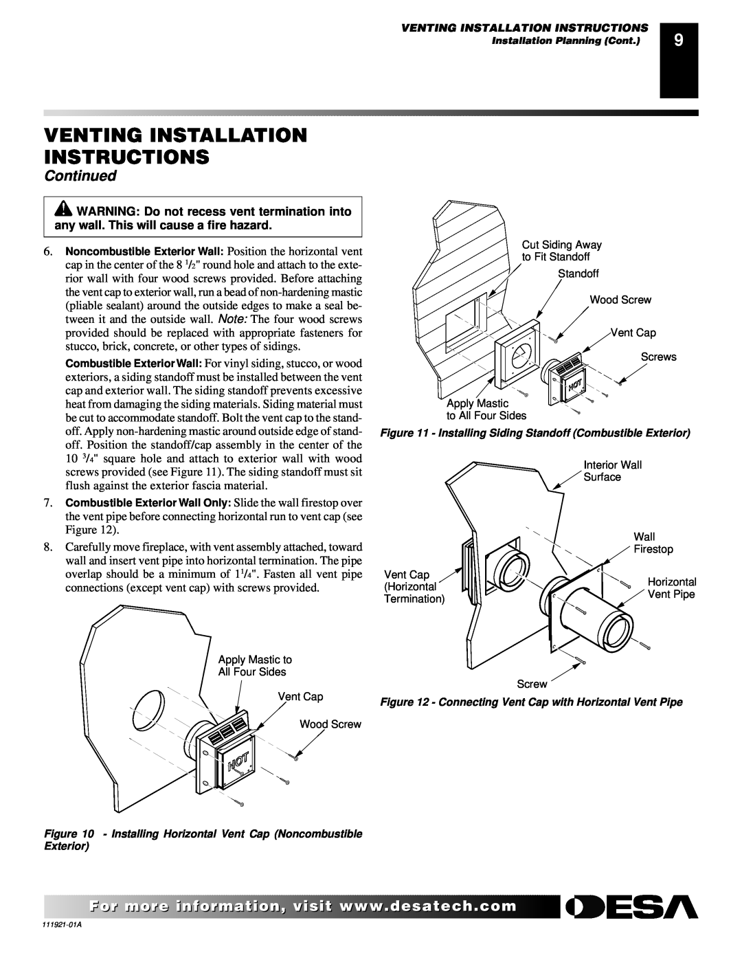 Desa (V)K42N installation manual Venting Installation Instructions, Continued 