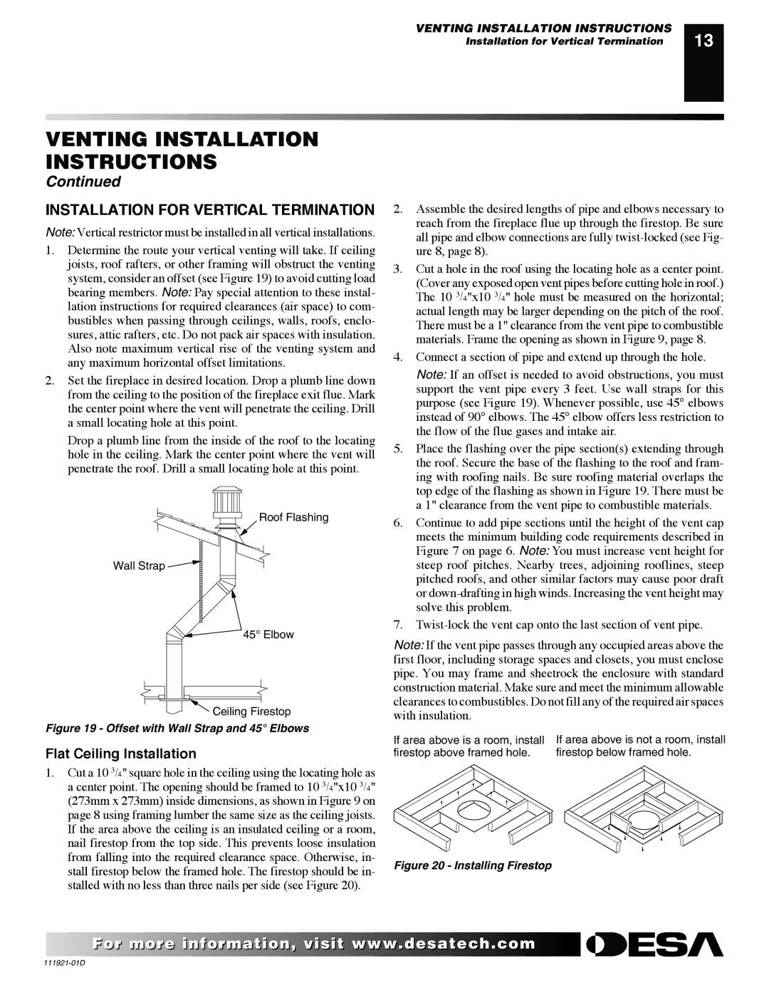 Desa (V)K42P SERIES installation manual Installation for Vertical Termination, Flat Ceiling Installation 