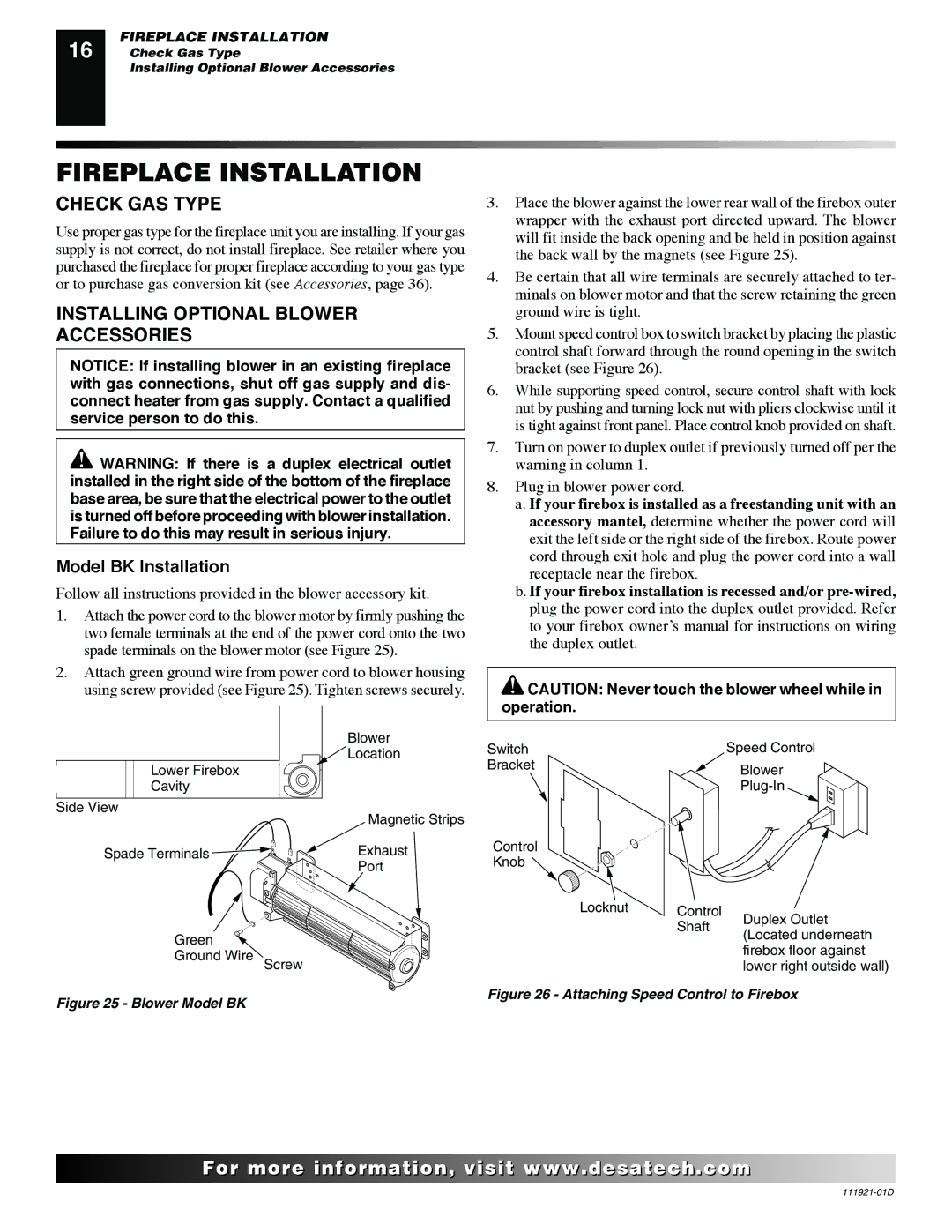 Desa (V)K42P SERIES Fireplace Installation, Check GAS Type, Installing Optional Blower Accessories, Model BK Installation 