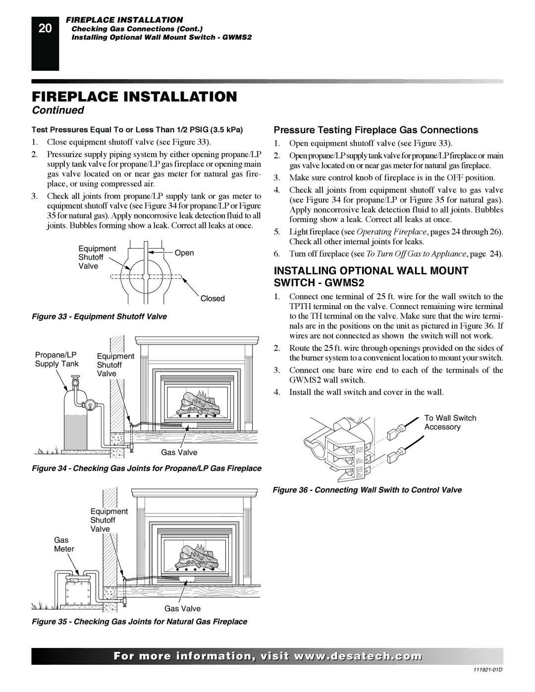 Desa (V)K42P SERIES Installing Optional Wall Mount Switch GWMS2, Pressure Testing Fireplace Gas Connections 