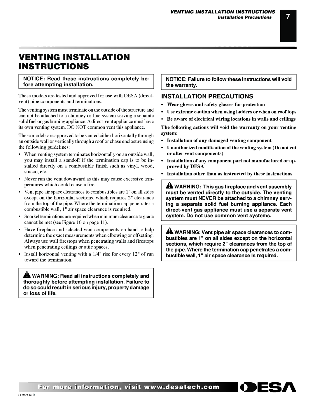 Desa (V)K42P SERIES installation manual Venting Installation Instructions, Installation Precautions 