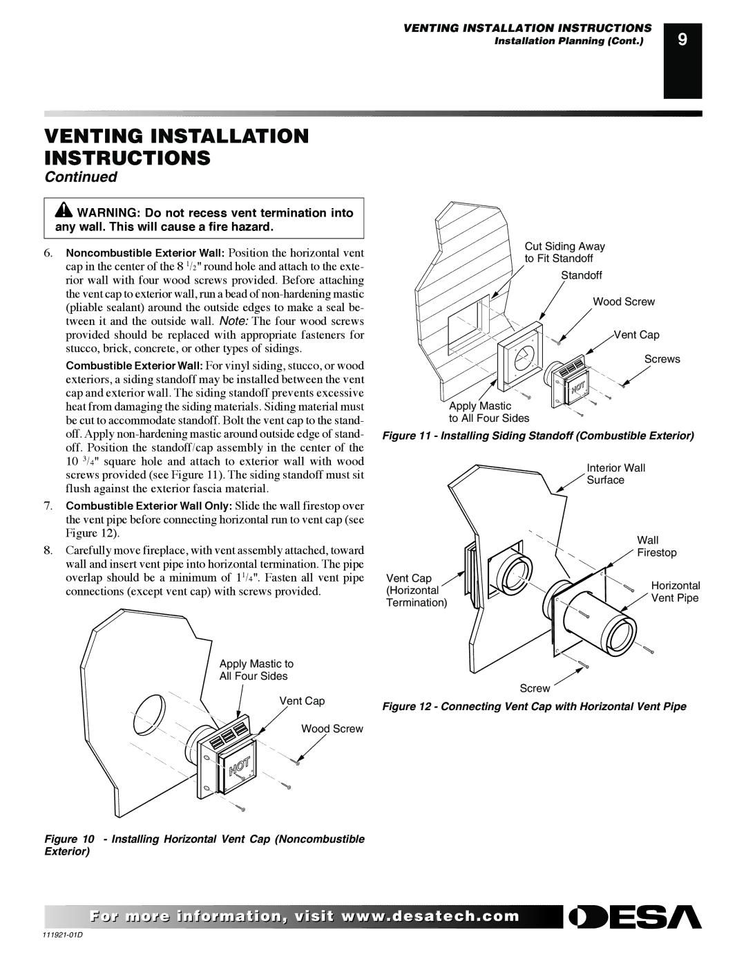 Desa (V)K42P SERIES installation manual Installing Horizontal Vent Cap Noncombustible Exterior 