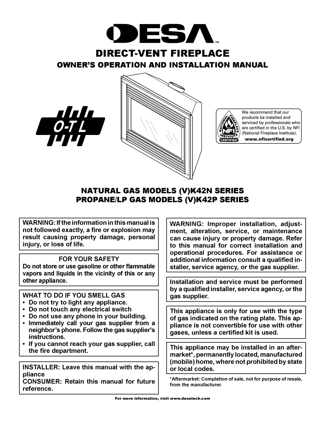 Desa (V)K42P installation manual For Your Safety, What to do if YOU Smell GAS 