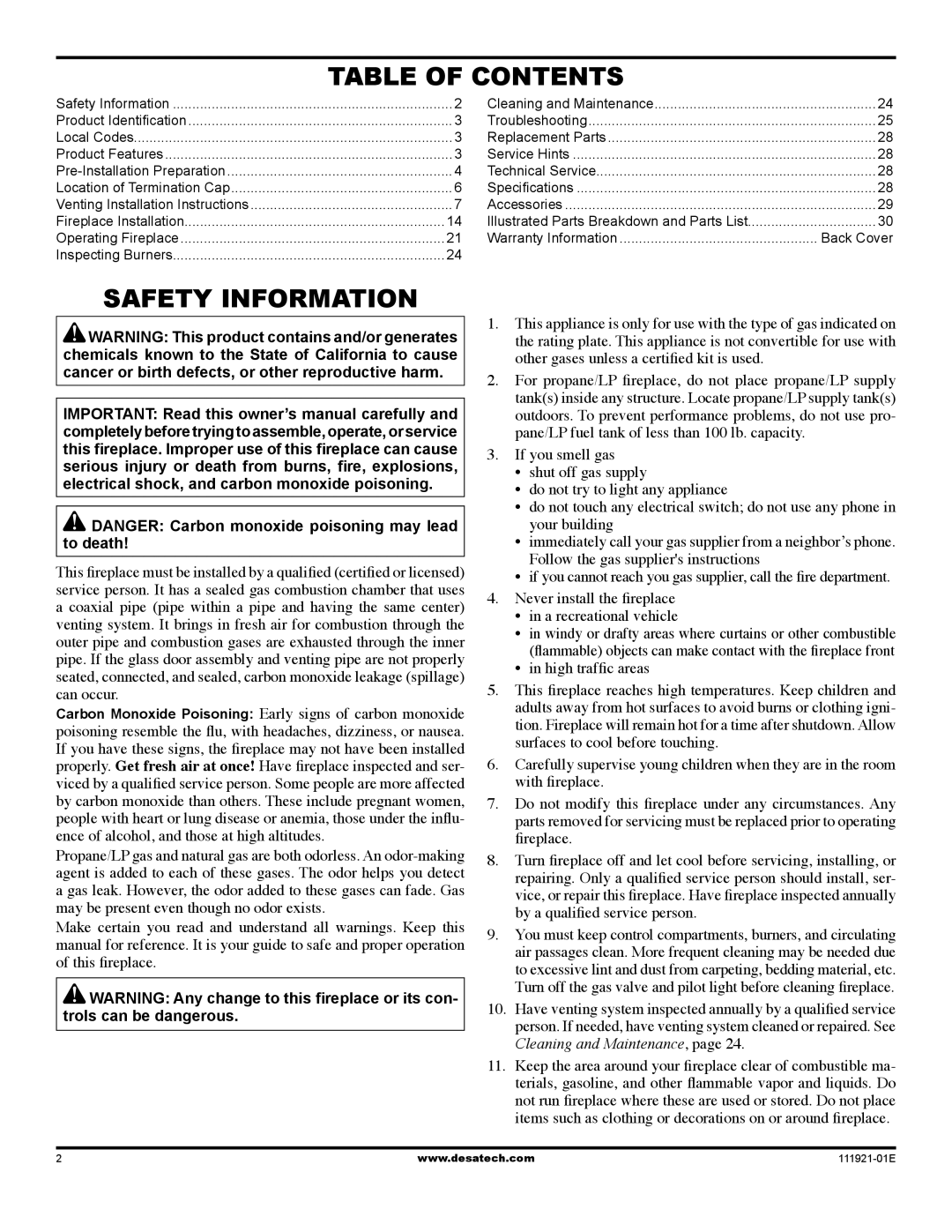 Desa (V)K42P installation manual Table of Contents, Safety Information 