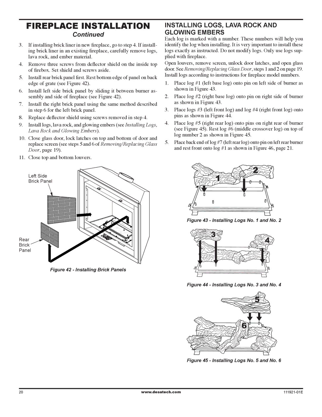 Desa (V)K42P installation manual Installing logs, lava rock Glowing embers, Installing Brick Panels 