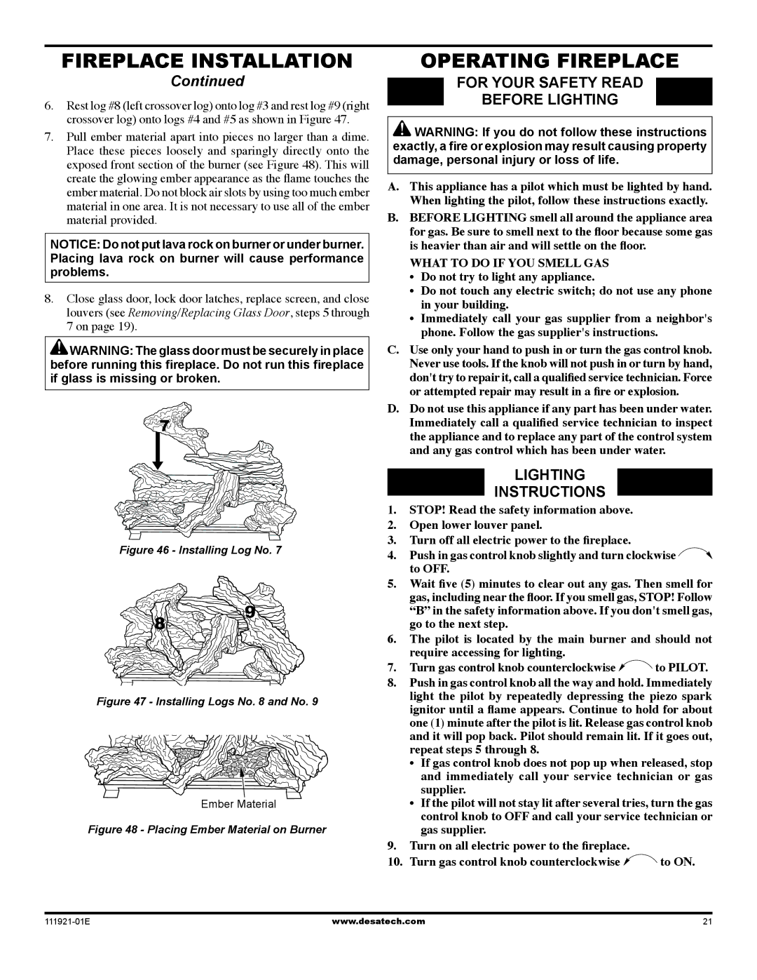 Desa (V)K42P installation manual Operating Fireplace, For your safety read Before lighting, Lighting Instructions 