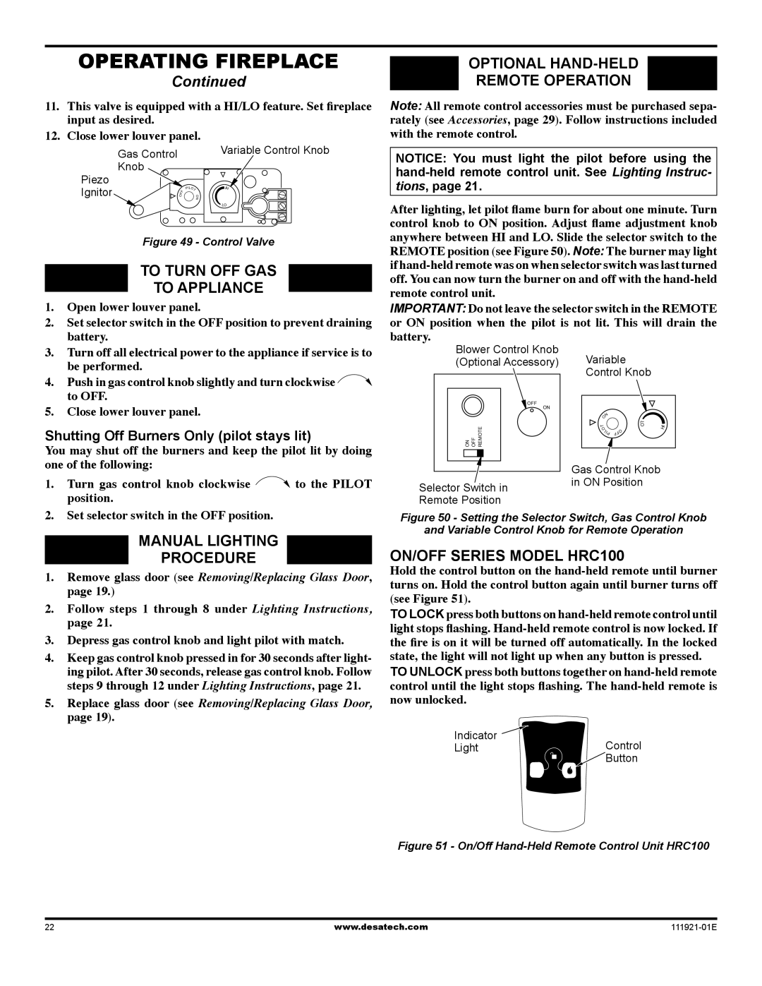 Desa (V)K42P To Turn OFF GAS To Appliance, OpTIONAL Hand-Held, Remote Operation, Manual Lighting Procedure 