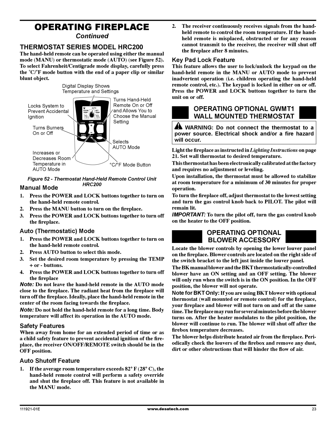 Desa (V)K42P installation manual Thermostat Series Model HRC200, Operating optional GWMT1 Wall Mounted Thermostat 