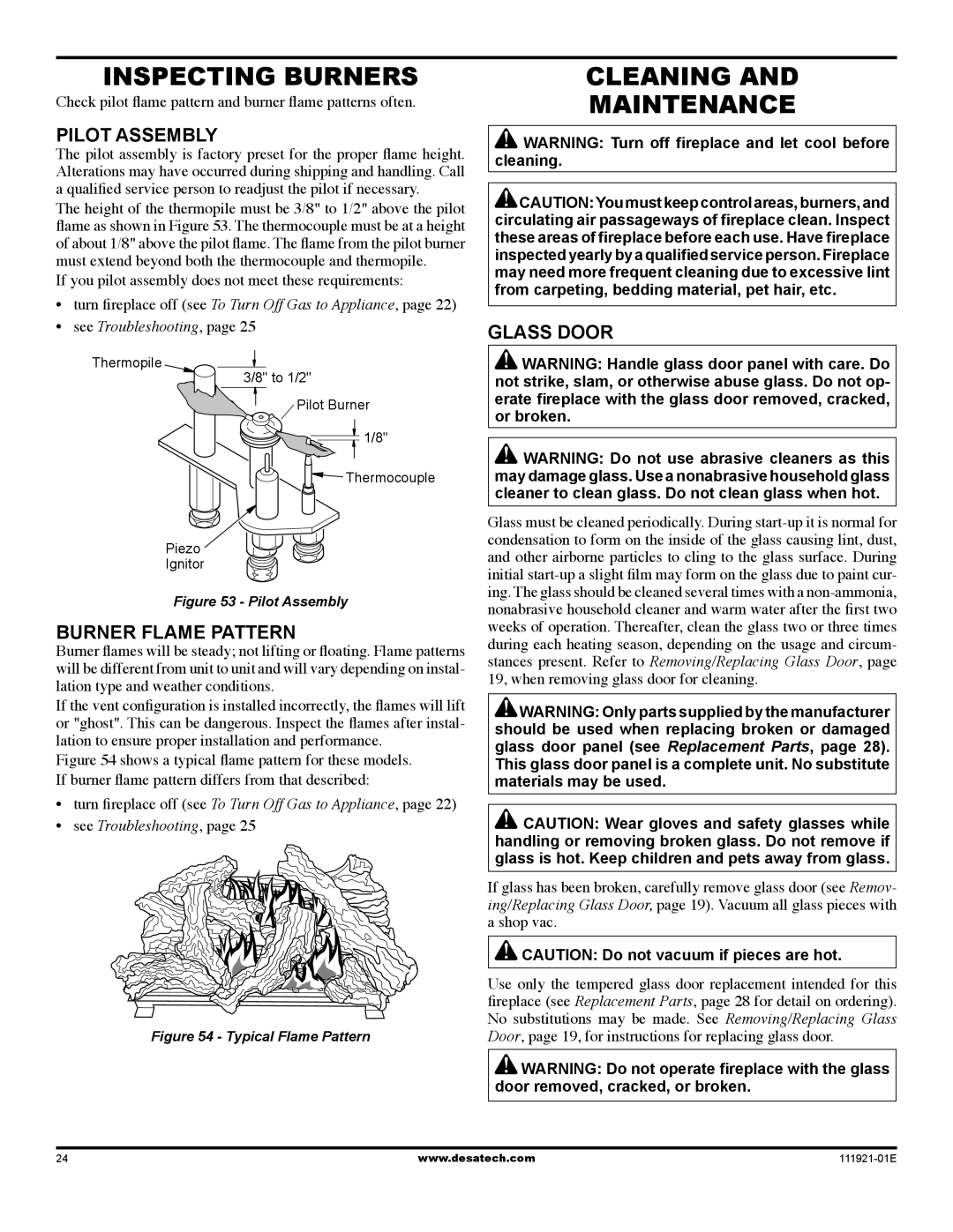 Desa (V)K42P installation manual Inspecting Burners, Cleaning Maintenance, Pilot assembly, Burner Flame Pattern, Glass Door 