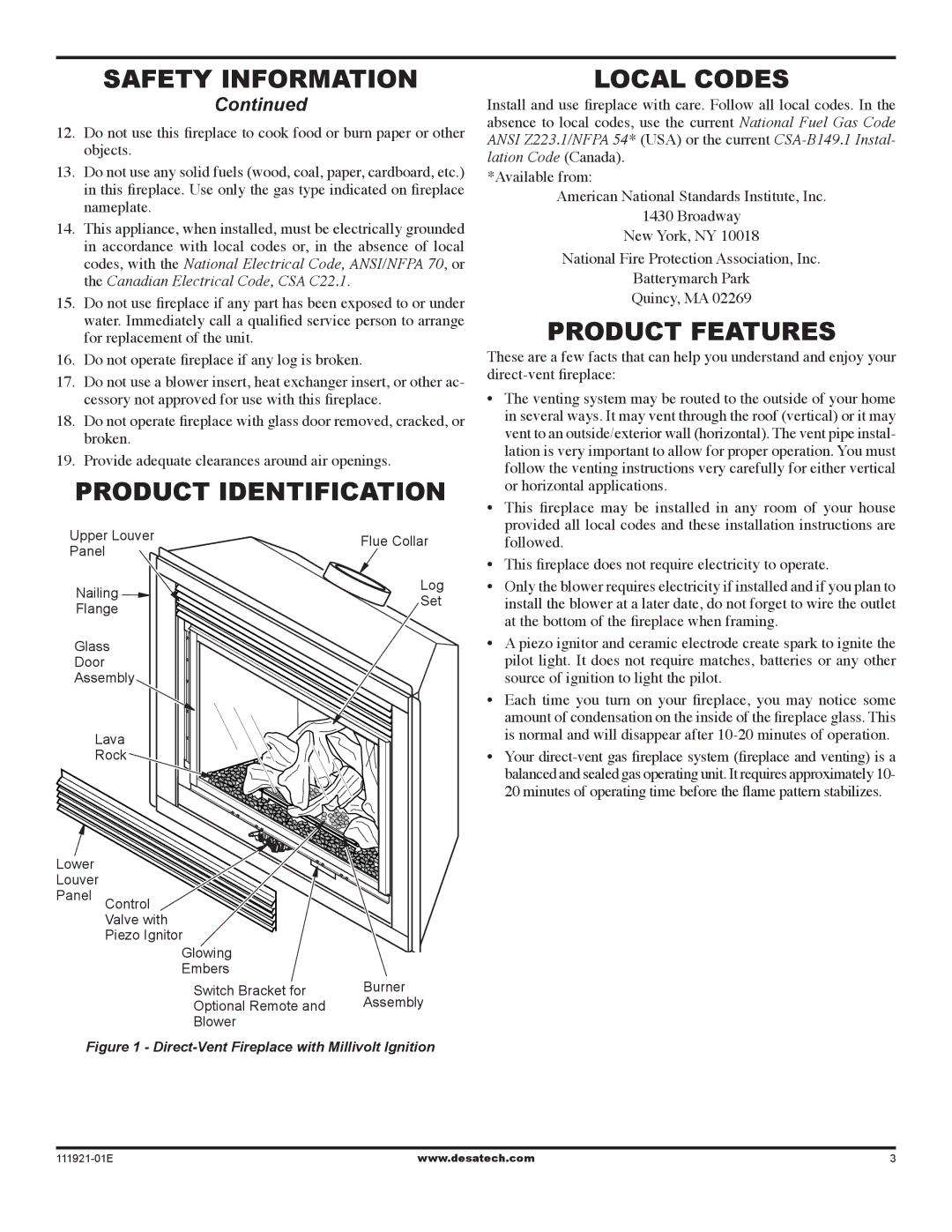 Desa (V)K42P installation manual Product Identification, Local Codes, Product Features 