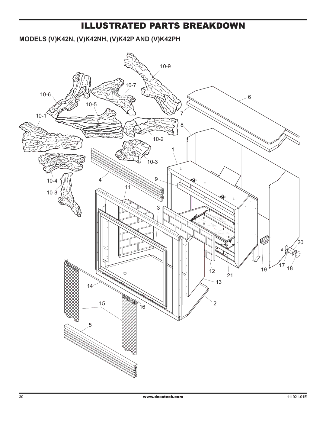 Desa (V)K42P installation manual Illustrated Parts Breakdown, Models VK42N, VK42NH, VK42P and VK42PH 