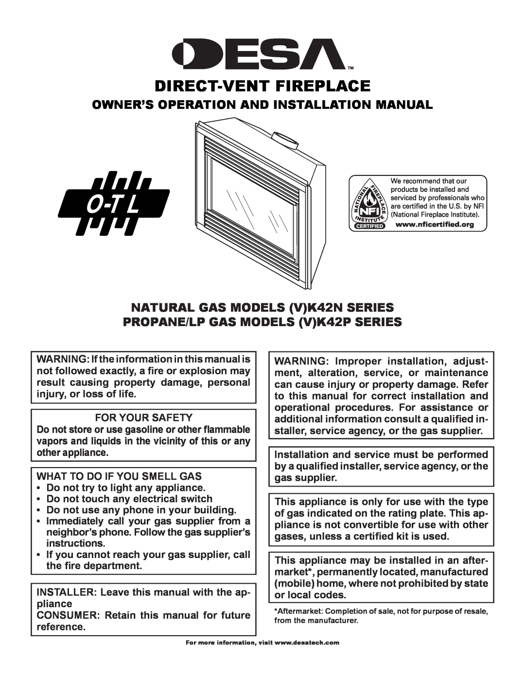 Desa (V)K42P installation manual Owner’S Operation And Installation Manual, For Your Safety, What To Do If You Smell Gas 