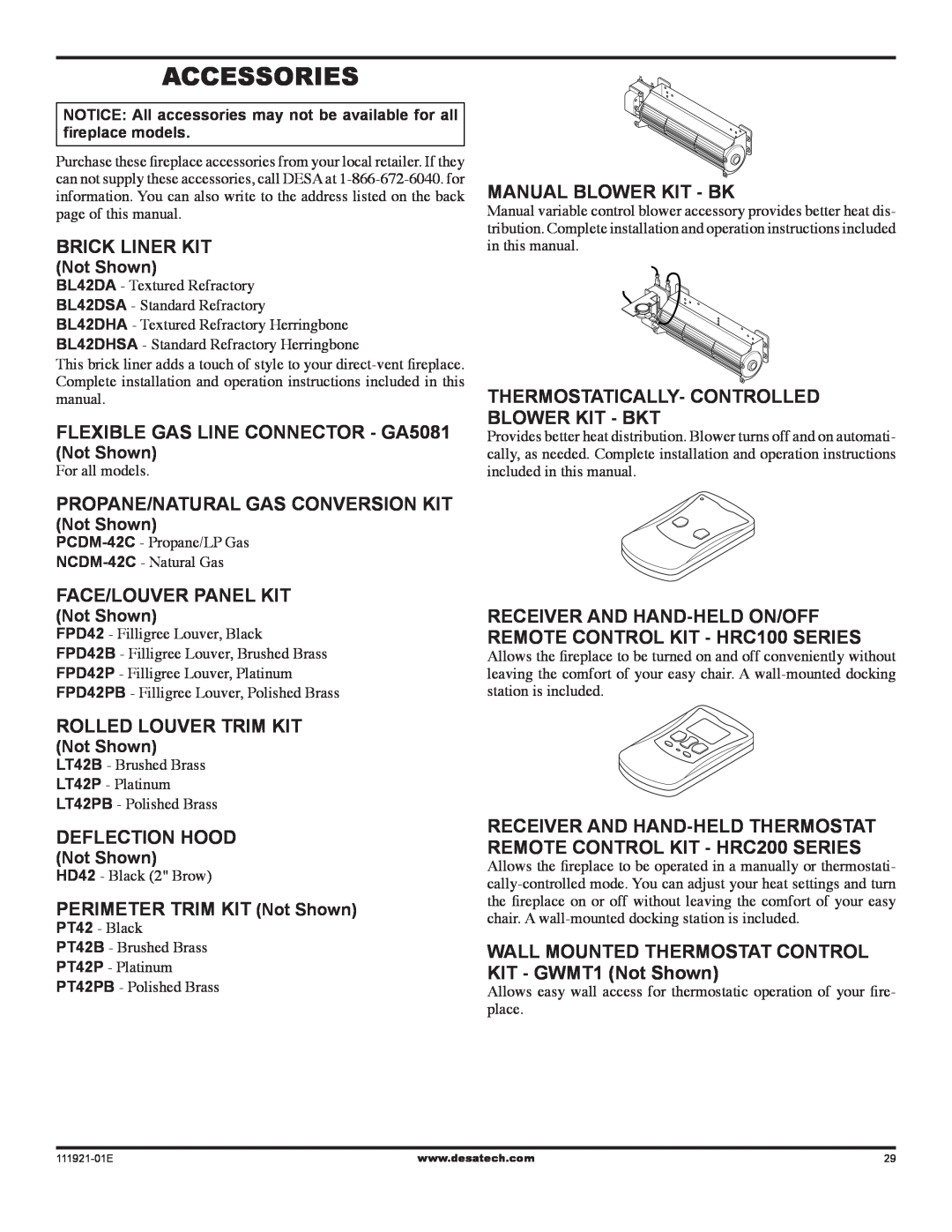 Desa (V)K42P Accessories, Brick Liner KIT, Flexible gas Line connector - GA5081, Manual blower Kit - BK, Deflection hood 