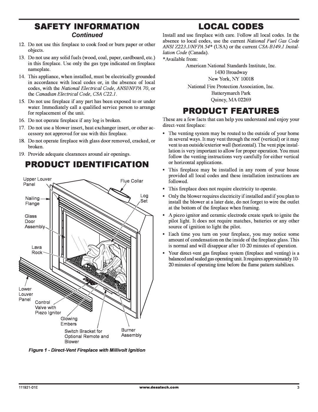 Desa (V)K42P installation manual Safety information, Product Identification, Local Codes, Product Features, Continued 
