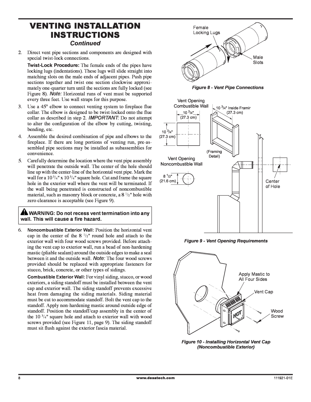 Desa (V)K42P Venting Installation instructions, Continued, Vent Pipe Connections, Vent Opening Requirements 