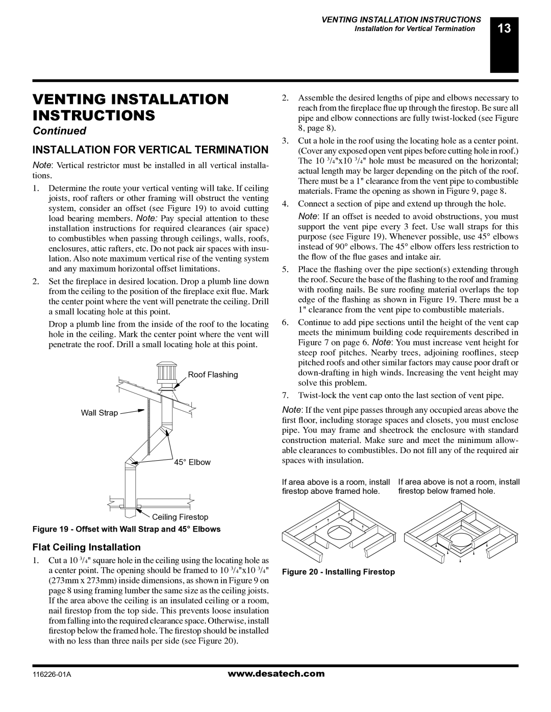 Desa (V)KC36P, (V)KC36N installation manual Installation for Vertical Termination, Flat Ceiling Installation 