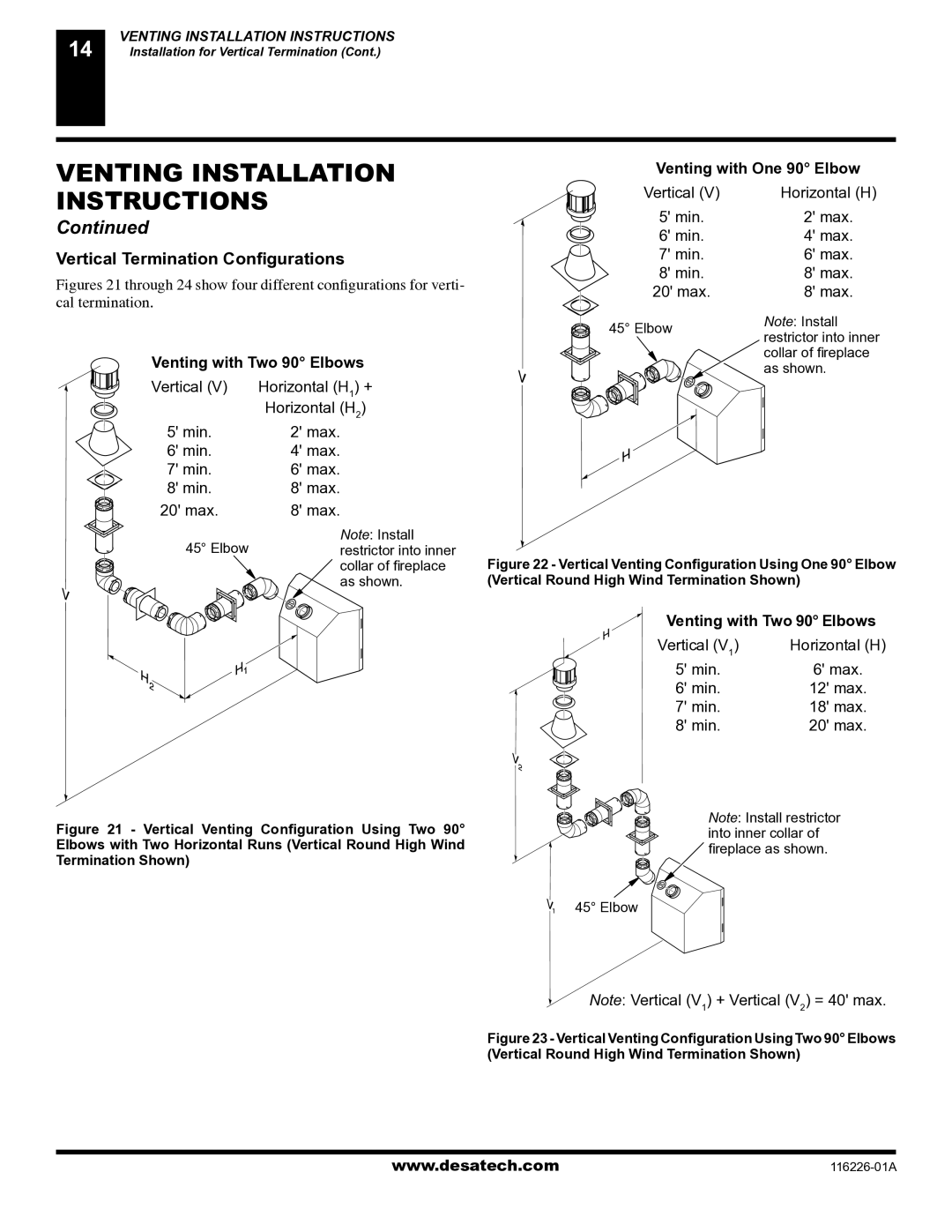 Desa (V)KC36N, (V)KC36P installation manual Vertical Termination Conﬁgurations, Venting with One 90 Elbow 