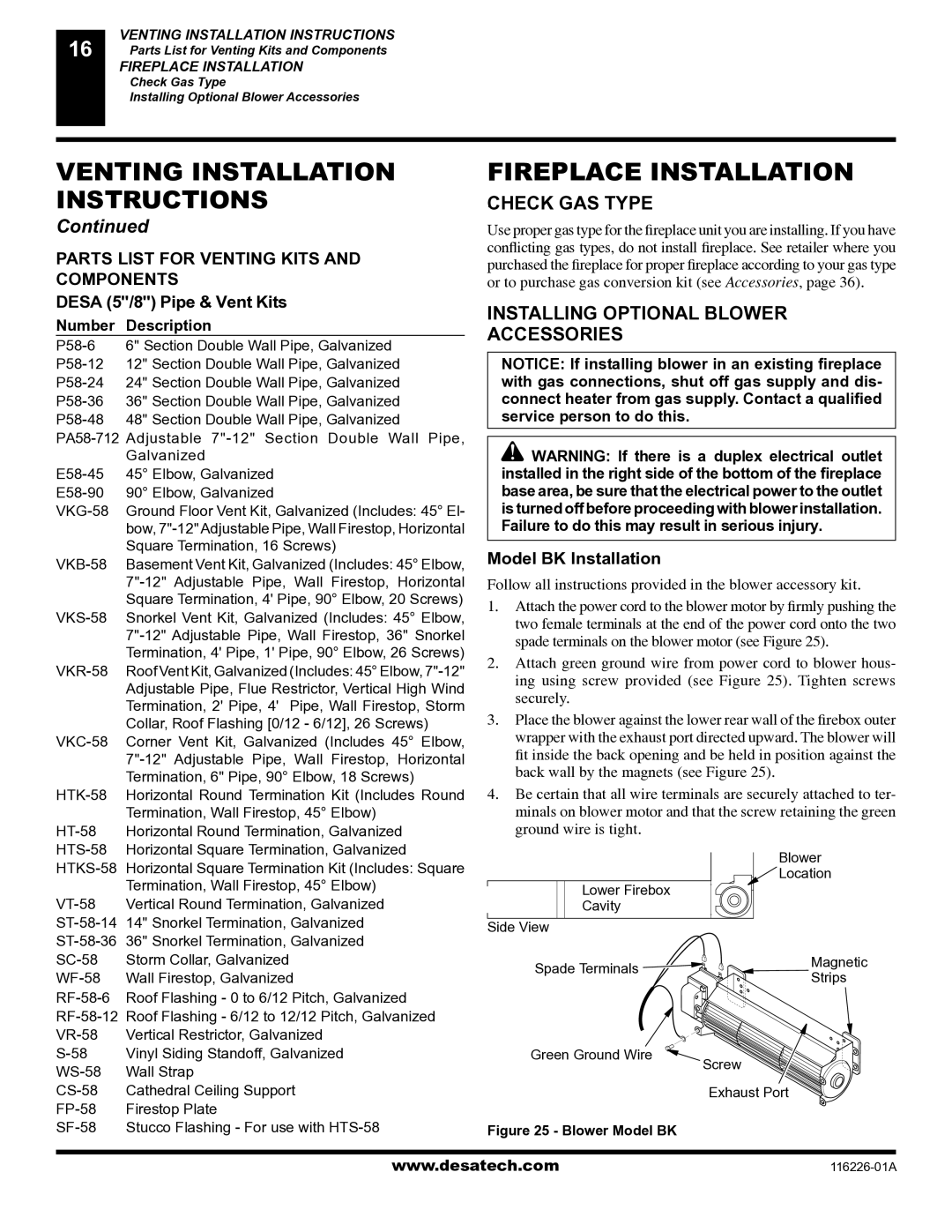 Desa (V)KC36N Venting Installation, Fireplace Installation, Check GAS Type, Installing Optional Blower Accessories 