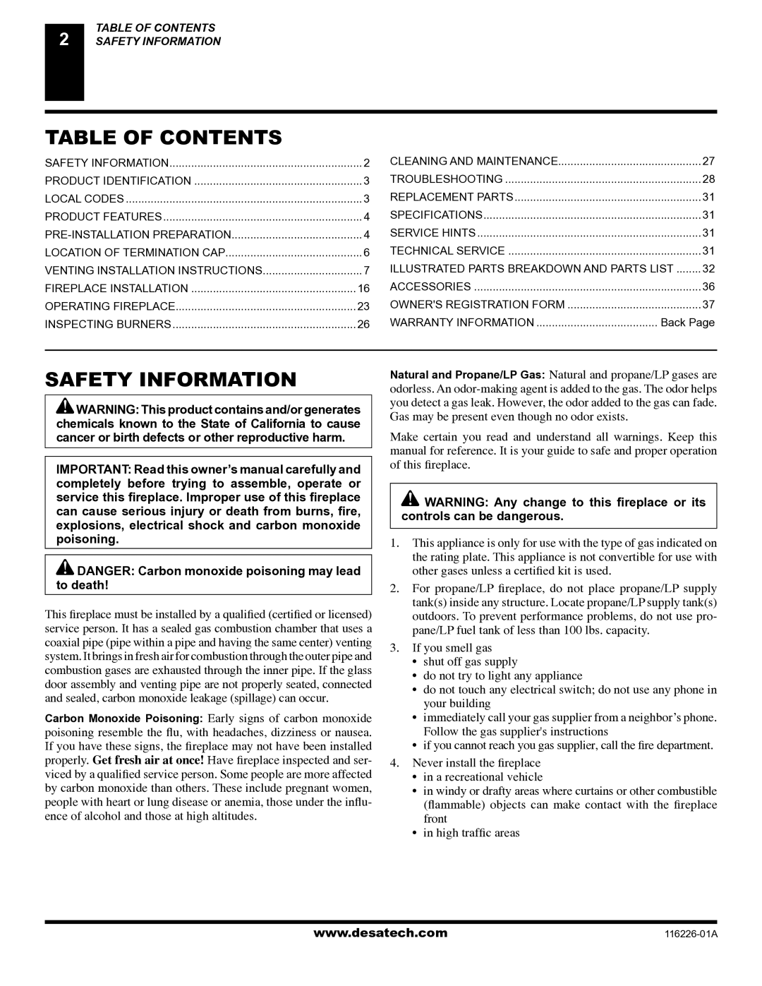 Desa (V)KC36N, (V)KC36P installation manual Table of Contents, Safety Information 