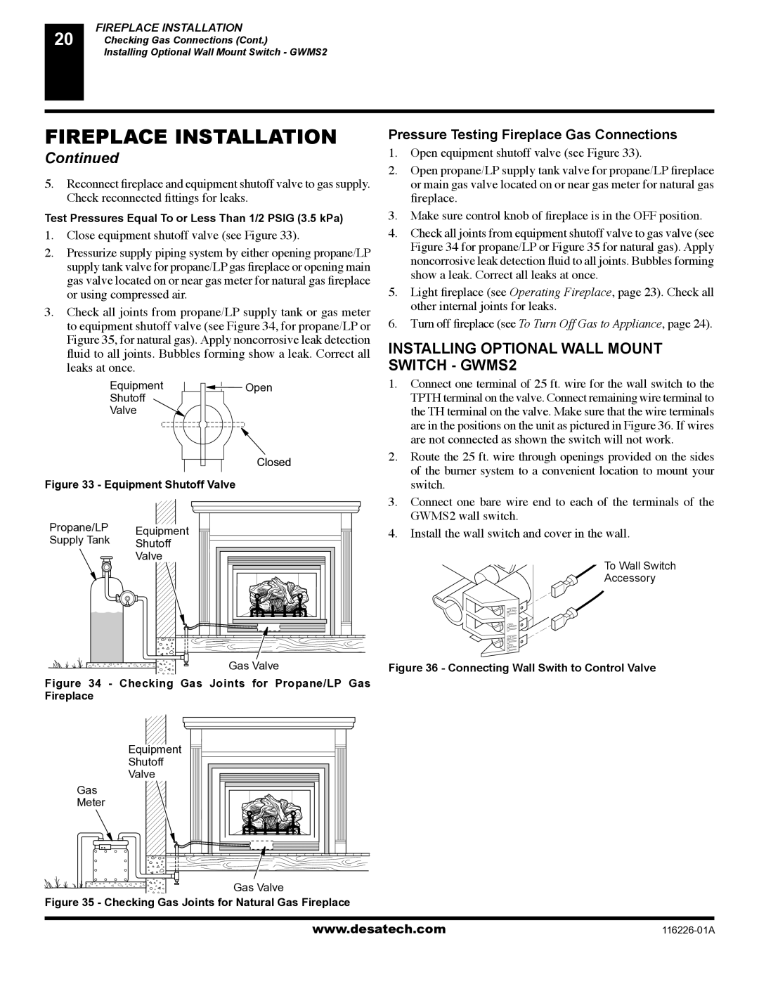 Desa (V)KC36N, (V)KC36P Installing Optional Wall Mount Switch GWMS2, Pressure Testing Fireplace Gas Connections 