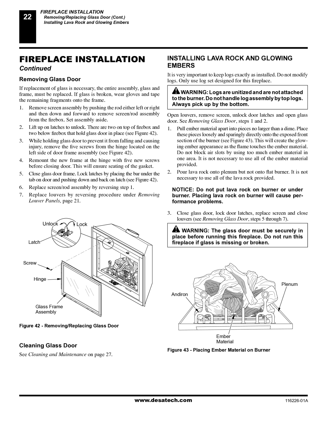 Desa (V)KC36N, (V)KC36P Installing Lava Rock and Glowing Embers, Removing Glass Door, Cleaning Glass Door 