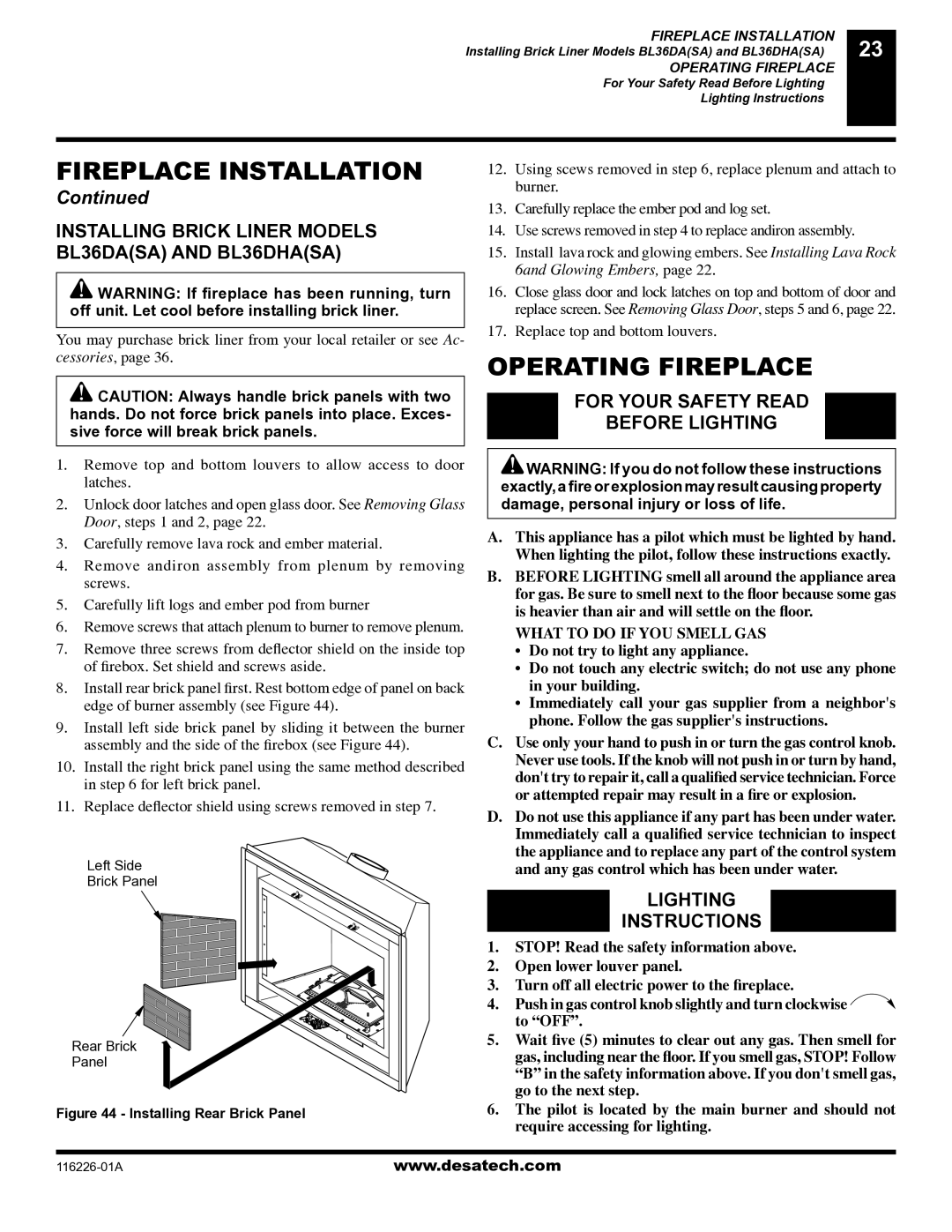 Desa (V)KC36P, (V)KC36N Operating Fireplace, Installing Brick Liner Models BL36DASA and BL36DHASA, Lighting Instructions 