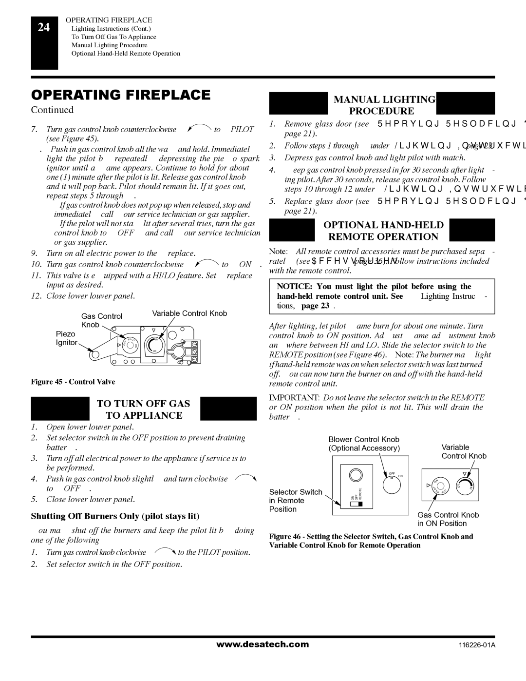 Desa (V)KC36N, (V)KC36P installation manual To Turn OFF GAS, Manual Lighting Procedure, Optional HAND-HELD Remote Operation 