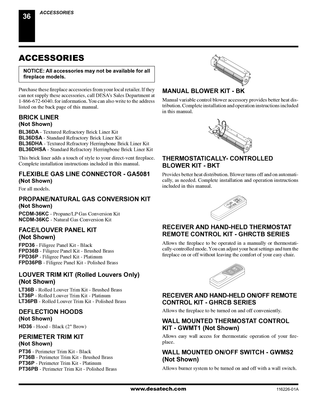 Desa (V)KC36N, (V)KC36P installation manual Accessories 