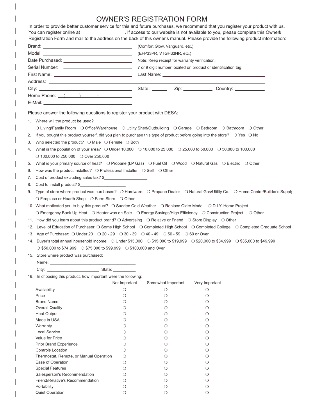 Desa (V)KC36P, (V)KC36N installation manual Owners Registration Form 