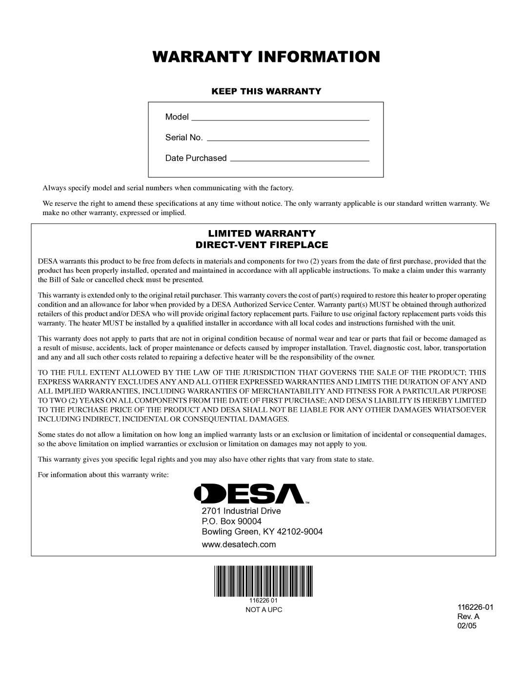 Desa (V)KC36N, (V)KC36P installation manual Warranty Information 