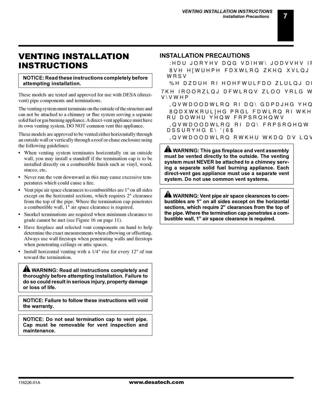 Desa (V)KC36P, (V)KC36N installation manual Venting Installation Instructions, Installation Precautions 