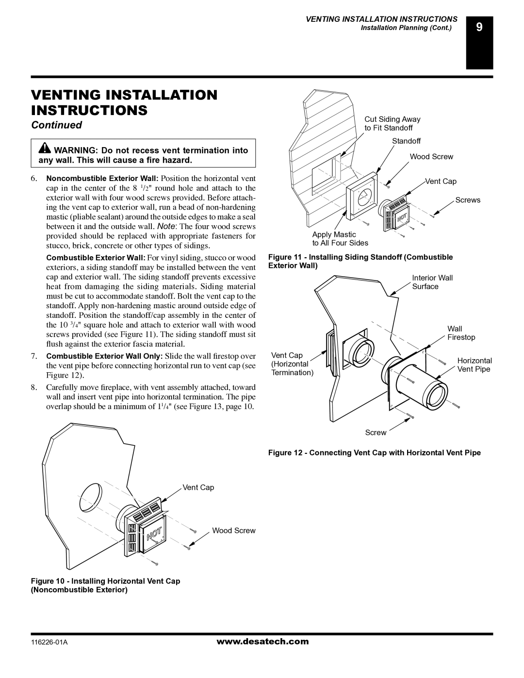 Desa (V)KC36P, (V)KC36N installation manual Installing Siding Standoff Combustible 