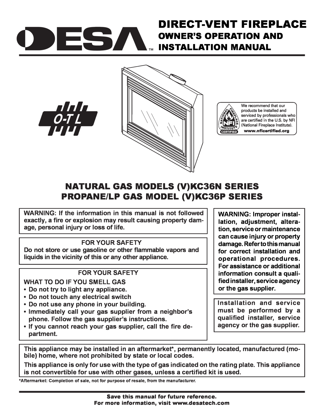 Desa (V)KC36P installation manual Owner’S Operation And Installation Manual, For Your Safety, Direct-Ventfireplace 