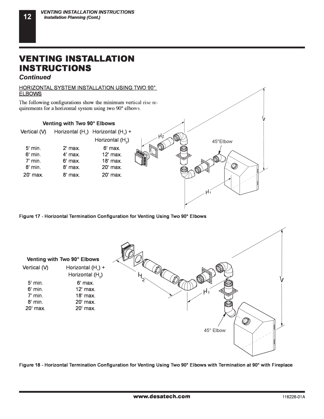Desa (V)KC36N, (V)KC36P installation manual Venting Installation Instructions, Continued, Venting with Two 90 Elbows 