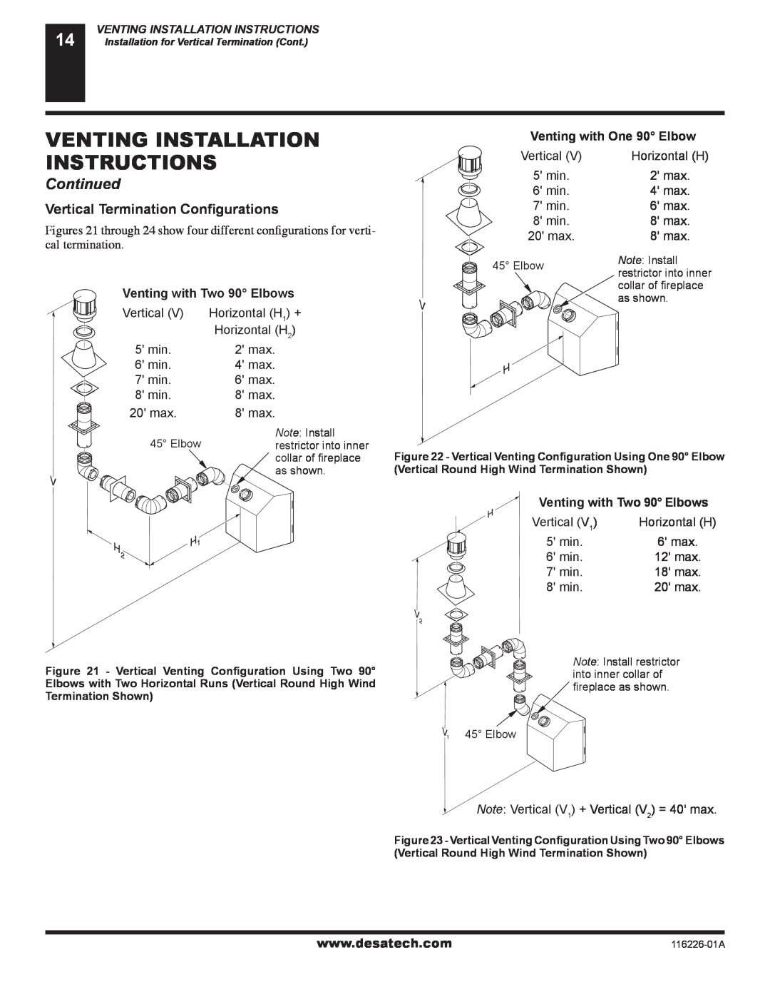 Desa (V)KC36N Vertical Termination Conﬁgurations, Venting Installation Instructions, Continued, Venting with Two 90 Elbows 