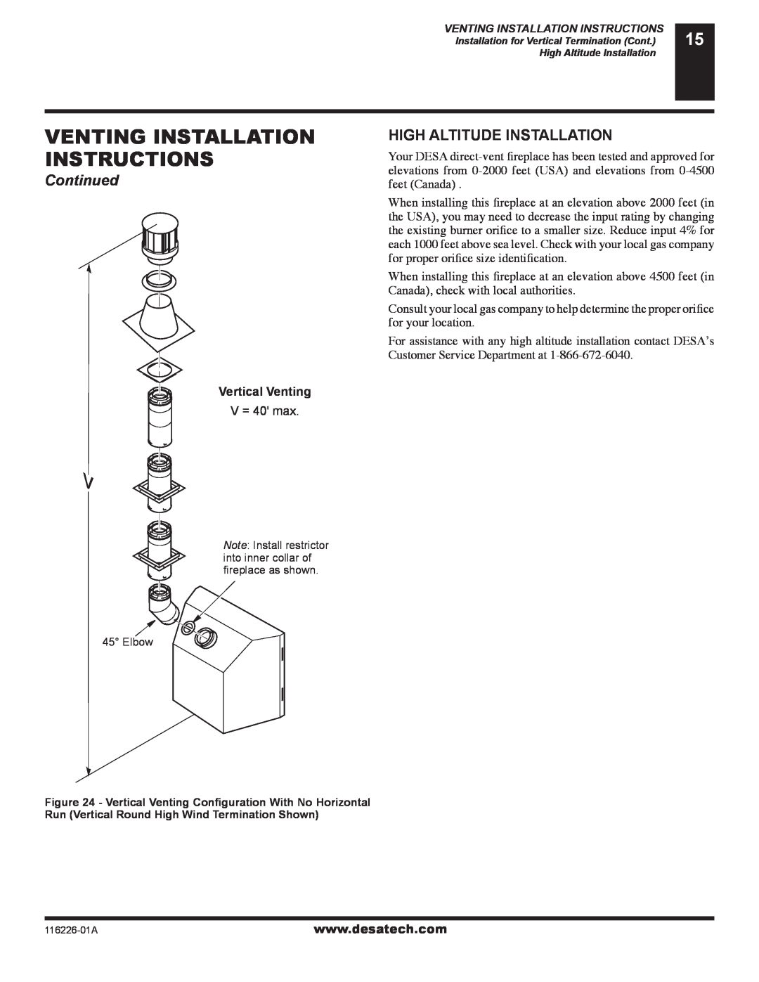 Desa (V)KC36P, (V)KC36N High Altitude Installation, Venting Installation Instructions, Continued, Vertical Venting 