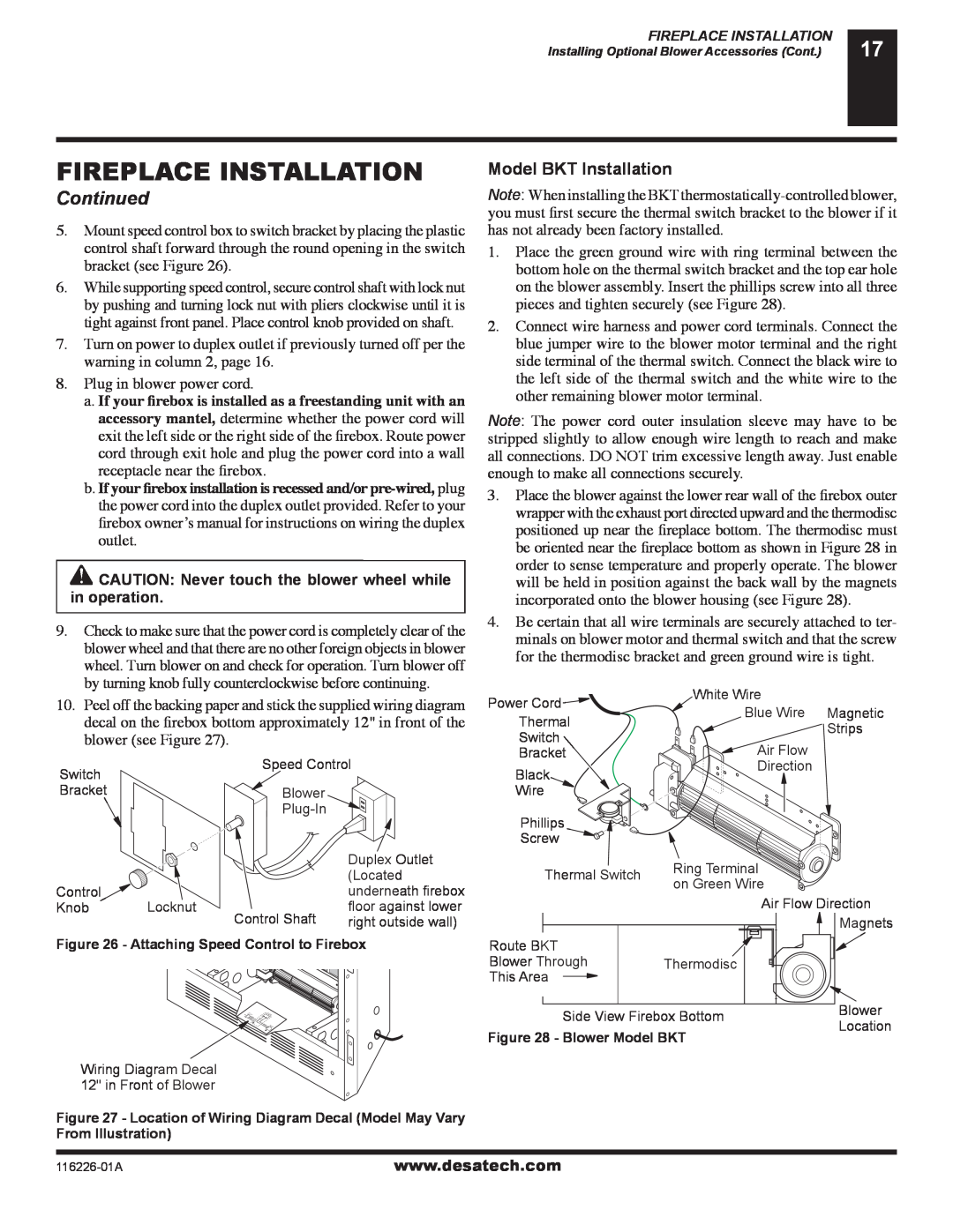 Desa (V)KC36P, (V)KC36N installation manual Model BKT Installation, Fireplace Installation, Continued 