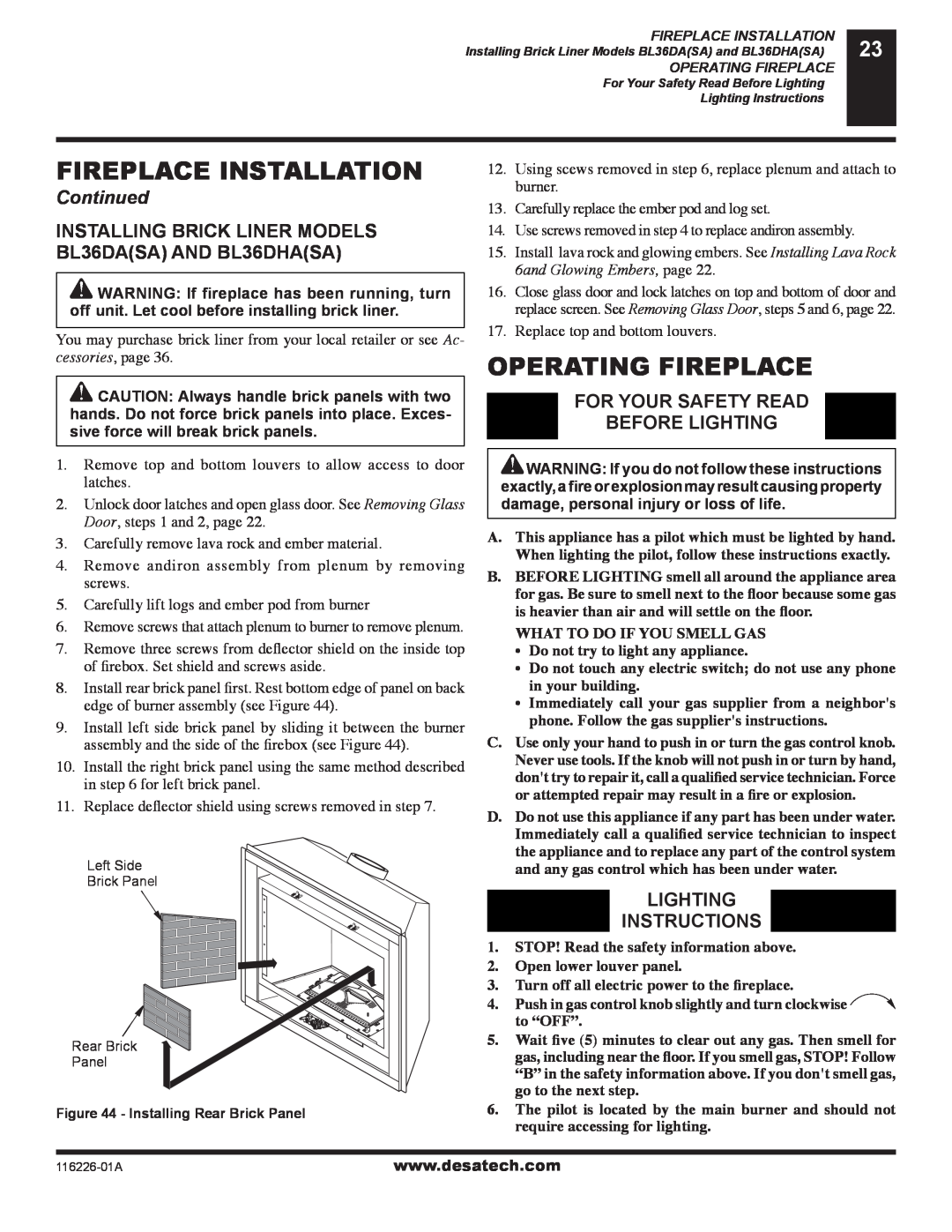 Desa (V)KC36P Operating Fireplace, For Your Safety Read Before Lighting, Lighting Instructions, Fireplace Installation 