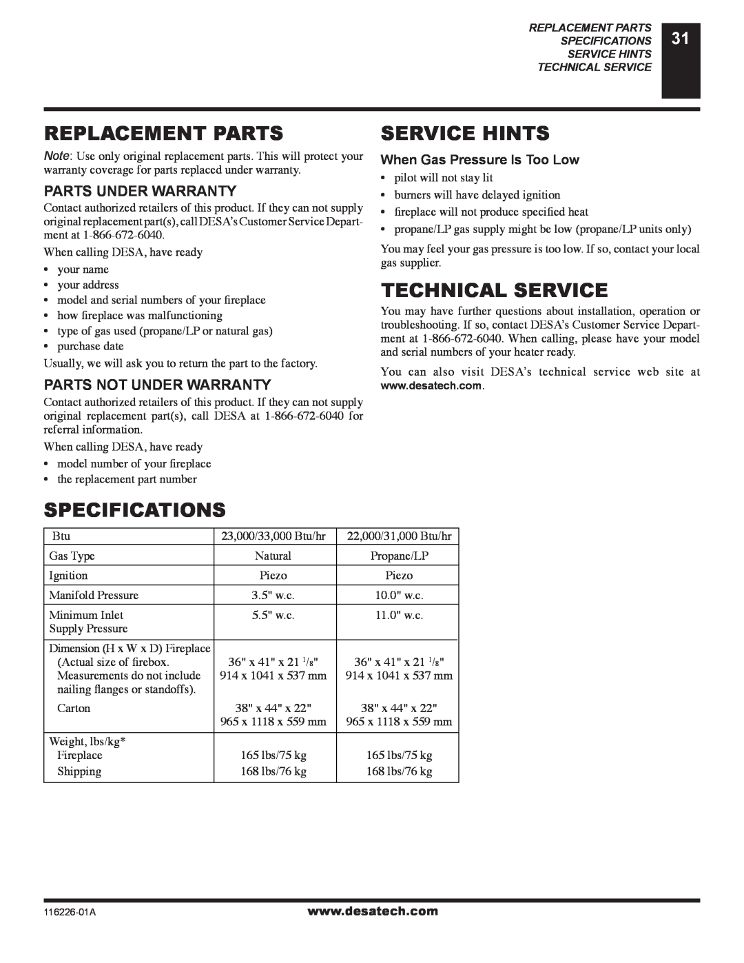 Desa (V)KC36P, (V)KC36N Replacement Parts, Service Hints, Technical Service, Specifications, Parts Under Warranty 