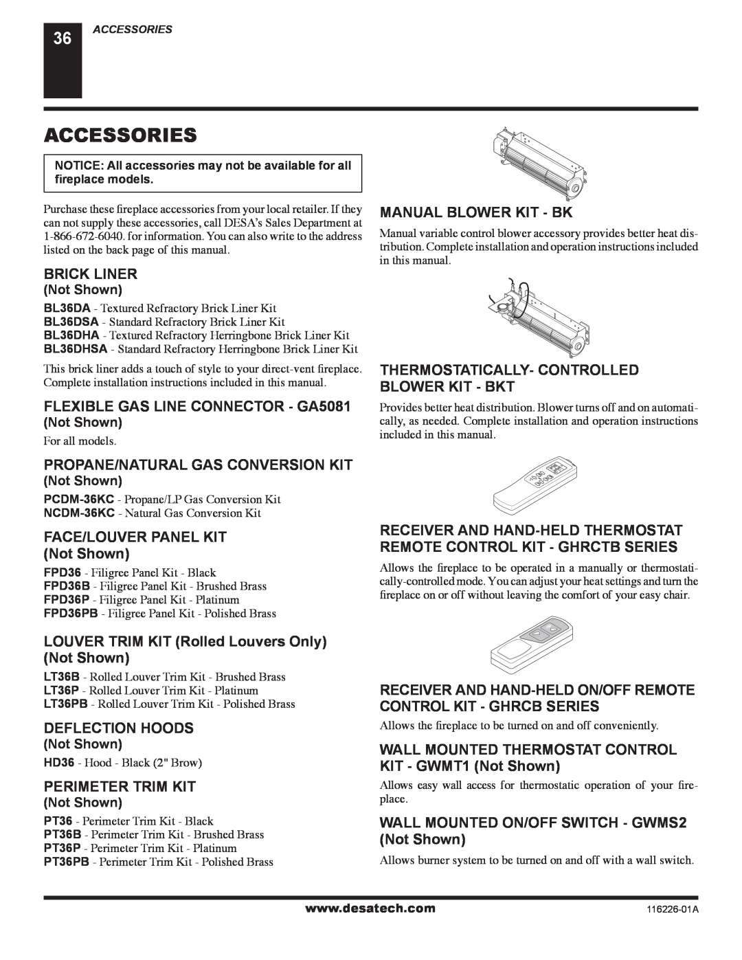 Desa (V)KC36N Accessories, Brick Liner, FLEXIBLE GAS LINE CONNECTOR - GA5081, Manual Blower Kit - Bk, Deflection Hoods 