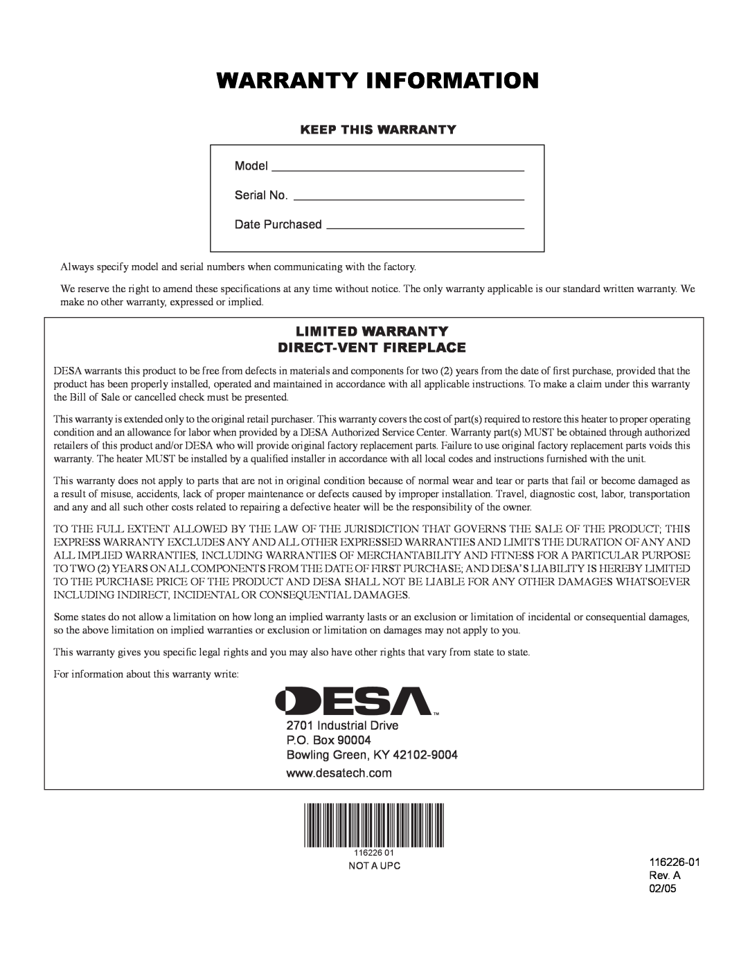 Desa (V)KC36N, (V)KC36P installation manual Limited Warranty Direct-Ventfireplace, Warranty Information 