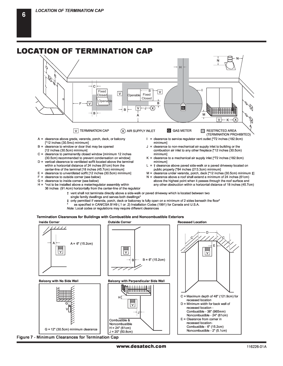 Desa (V)KC36N, (V)KC36P Location Of Termination Cap, D E B L, 116226-01A, Inside Corner, Outside Corner, Recessed Location 